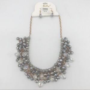 Bello Silver & Gold Tone Layered Beaded Iridescent Necklace & Earrings Set NWT